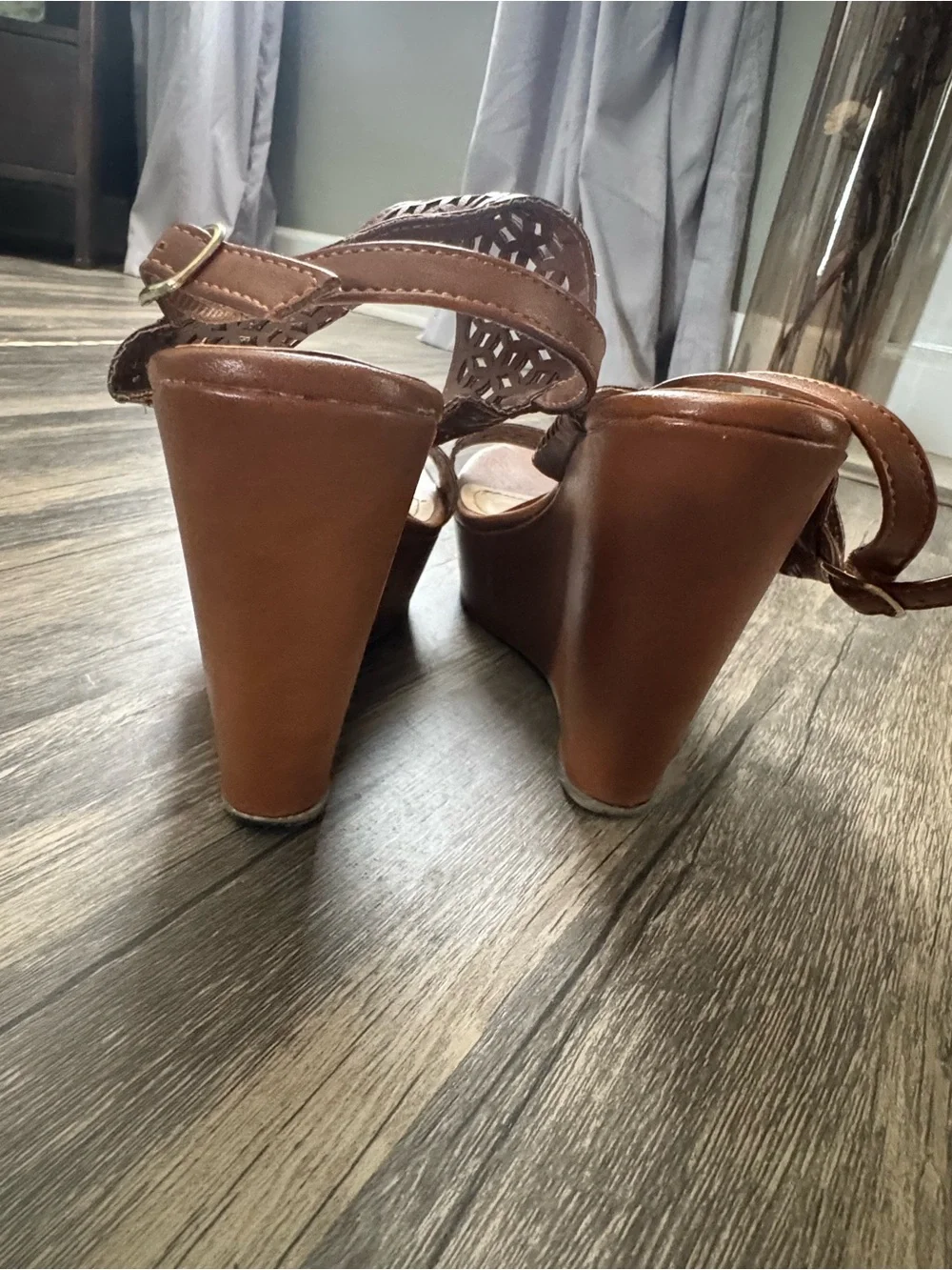 BAMBOO Cognac Laser-Cut Slingback Wedge Sandals